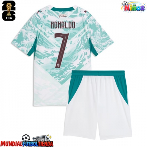 Camiseta Portugal Cristiano Ronaldo #7 Segunda Equipación Replica Mundial 2026 para niños mangas cortas (+ Pantalones cortos)